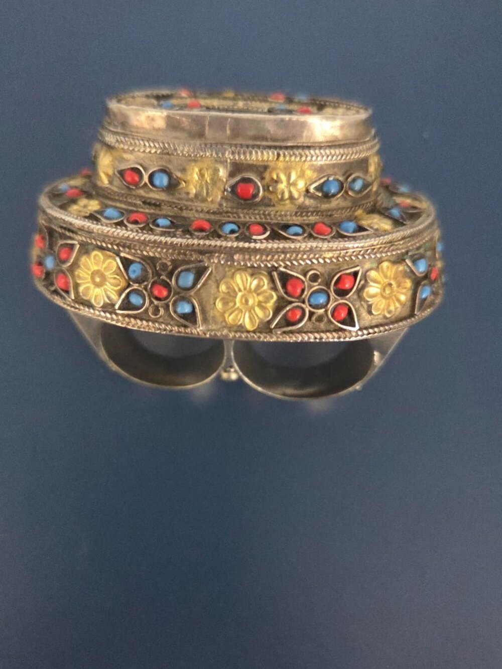 Vintage Turkmen Double Finger Ring Central Asian Tribal Silver Turquoise Coral - Picture 7 of 13